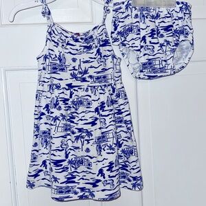 Blue and White Printed Sundress with Matching Bloomers for Toddler Girl